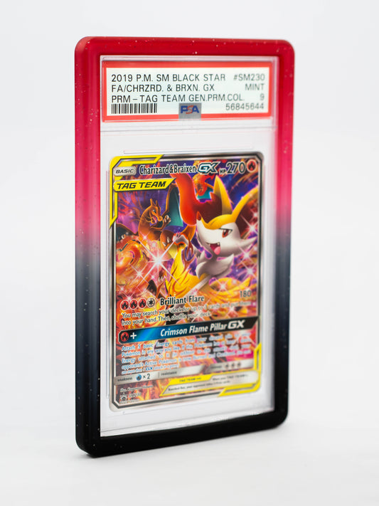 Pokémon trading card in a protective frame on a white background