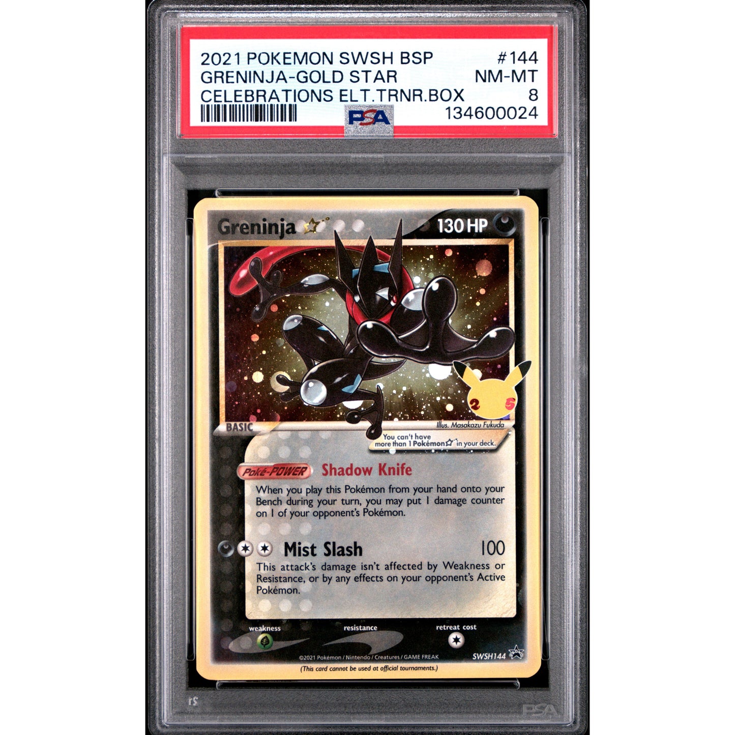 2021 POKEMON SWSH BLACK STAR PROMO #144 GRENINJA-GOLD STAR CELEBRATIONS ELT.TRNR.BOX PSA8