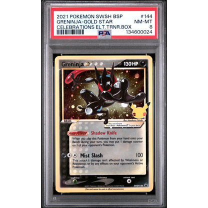 2021 POKEMON SWSH BLACK STAR PROMO #144 GRENINJA-GOLD STAR CELEBRATIONS ELT.TRNR.BOX PSA8